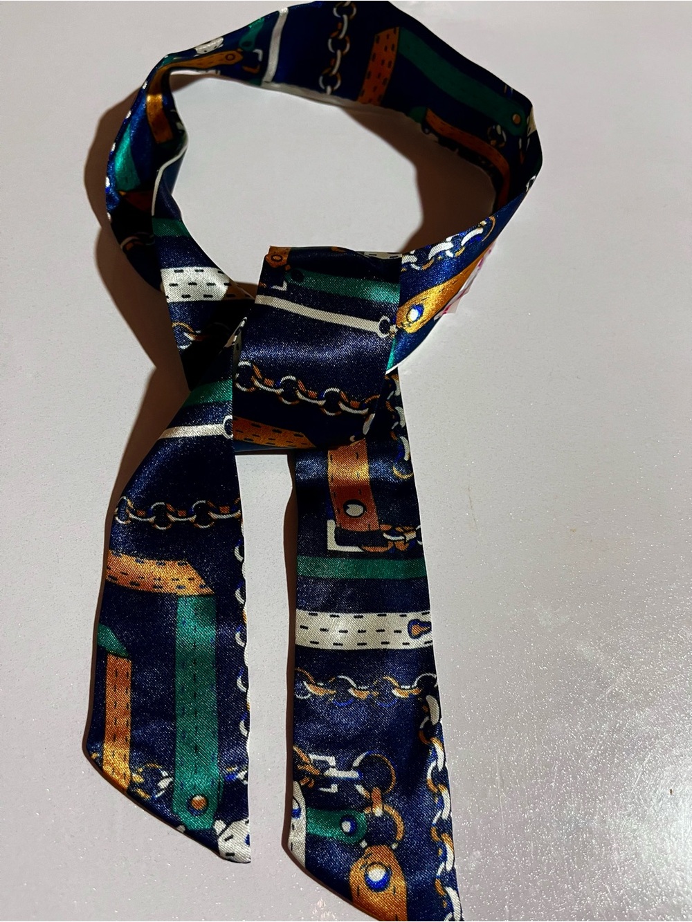 Silky Chain & Belt Print Scarf Navy/Green/Gold
